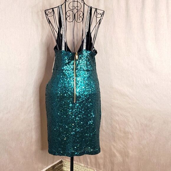 BABE SOCIETY "Doin Numbers" Emerald and Silver Sequin Cocktail‎ Dress Medium - Picture 5 of 8